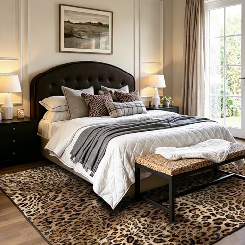 Leopard Rug 5x7 ft - Soft Faux Wool Non-Slip Cheetah Print Area Rug for Bedroom & Living Room - Brown Animal Print, Safari Style