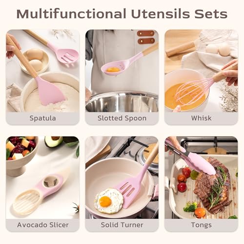 Silicone Kitchen Utensils Set 39 Pcs with Wooden Handles - Heat Resistant BPA-Free Pink