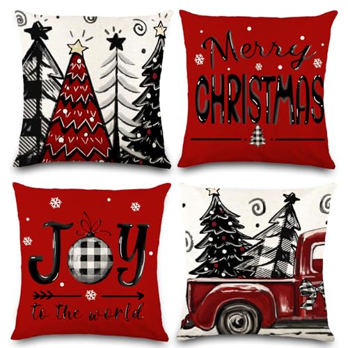 DIYDEC 4pcs Christmas Pillow Covers 20x20 Inch Red Holiday Decorative Pillowcases