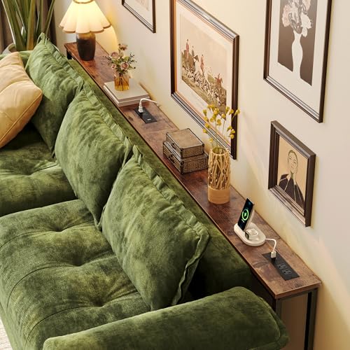 Huuger Rustic Brown 102.4 Inch Sofa Table with Power Outlets, Adjustable Height Behind Couch