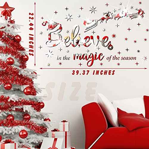 Christmas Acrylic Wall Decals Believe Quote Stickers 3D DIY Mirror Stickers Christmas Christ Wall Decor Acrylic Reindeer Snowflakes Window Clings Decal for Home Window(Silver)