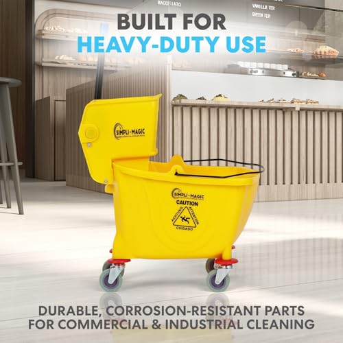 Commercial 35-Quart Side Press Mop Bucket Set on Wheels with Wet Floor Sign - Yellow