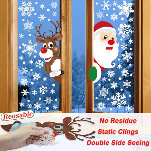 HINZER 310Pcs Christmas Window Clings Window Decorations Flakes Christmas Decals for Home Deer Santa Claus and Snowflakes