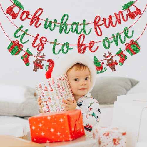 Qttier Oh What Fun It Is to Be One Banner, Pre-strung Christmas 1st Birthday Party Decorations, Red and Green Glitter