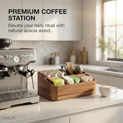 Acacia Wood Coffee Station Organizer with 5 Compartments for Kitchen Countertop and Office