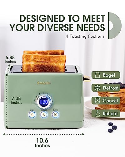 Amaste 2-Slice Retro Toaster with LED Display, Matcha Green, Extra Wide Slots