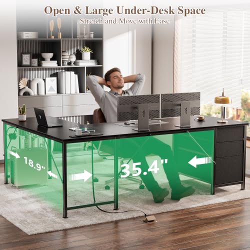Furologee 63-Inch L Shaped Corner Desk with Outlets - Black