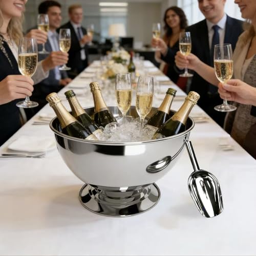 Silver 2-Pack Large Stainless Steel Champagne Buckets - 15.3" Ice Cooler with Detachable Base