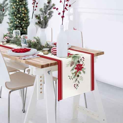 Bonhause Christmas Poinsettia Table Runner 13x72 Inch Red Floral Pine Branch Seasonal Winter Holiday Kitchen Dining Table Decoration for Indoor Outdoor Home Party Decor