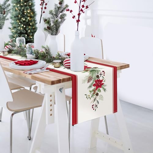 Bonhause Christmas Poinsettia Table Runner 13x72 Inch Red Floral Pine