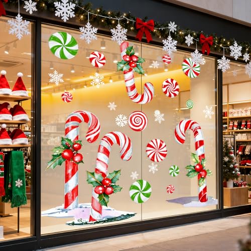 Extra Large Christmas Window Clings 13.8 x 35.4 in - 3 Sheets Red Green Candy Cane Holly Decor