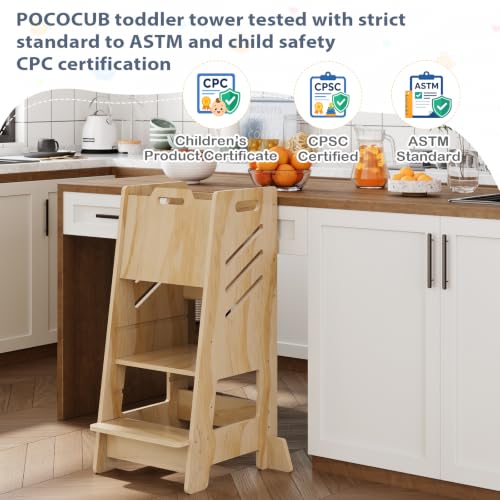 Wooden Toddler Tower with Sliding Panel, 3-Level Adjustable Kitchen Stool, Safe & Sturdy