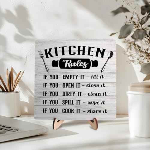 Kitchen Wooden Decor Sign, Rustic Kitchen Wooden Plaque, Inspirational Quote Wood Sign Decor for Rustic Farmhouse Home Living Room Dining Room Shelf Table Decoration, 5.9 x 5.9 inches