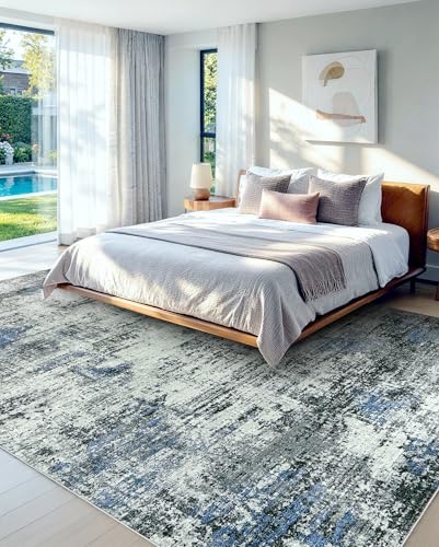 Blue Grey Lemonrug 8x10 Large Washable Non-Slip Modern Abstract Area Rug