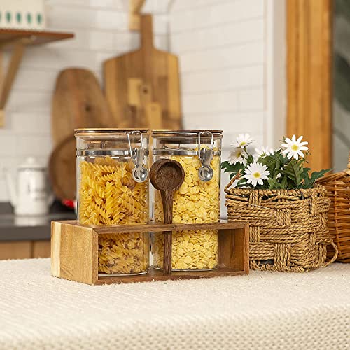 Wood 45oz Glass Coffee Canister Set with Spoon & Leakproof Lids - Yangbaga