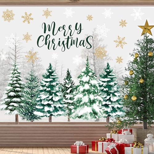 Whaline 6 Sheets Merry Christmas Window Clings Large Xmas Tree Gold Snowflake Snowy Forest Reusable Anti-Collision Windows Decals for Winter Holiday Home Glass Mirror Decor