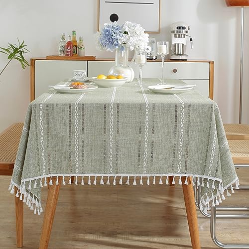 Meioro Sage Green Rustic Tablecloth 55x78 Rectangular Cotton Linen with Tassels – Embroidered Farmhouse Finish