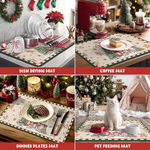 Yamaziot Christmas Dish Drying Mat, 12"x20" Small Coffee Mat Christmas Tree & Gingerbread Man Pattern, Non-Slip Kitchen Counter Mat for Coffee Bar Decor Accessories Espresso Machine Dish Rack Mat