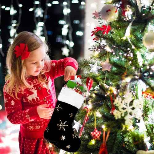 CCINEE 4PCS Black Christmas Stockings,18 Inch Large Plush Faux Fur Xmas Stocking with Golden Snowflake Sequin Glitter Snowflake Hanging Stocking for Christmas Tree Wall Fireplace Home Decoration
