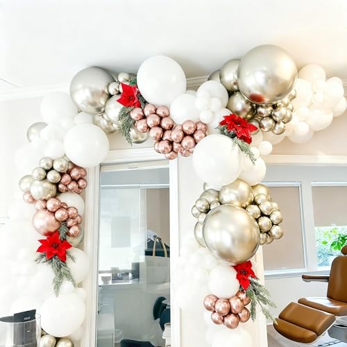 Paeyeq Red White Gold Christmas Balloon Arch Kit 124pcs Holiday Decor