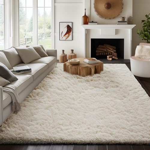 Ophanie 8x10 Ivory Shag Area Rug for Living Room & Bedroom, Washable Non-Slip Large Carpet, Nursery & Dorm Decor