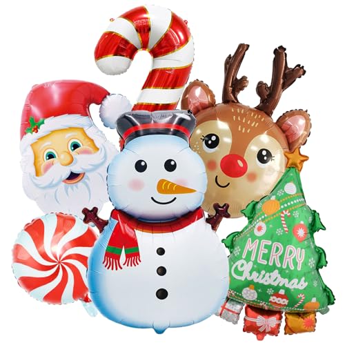 AZGRUEILK Multicolor Christmas Foil Balloons Set - Snowman Reindeer Santa Candy Cane Xmas Party Decorations, 6pcs