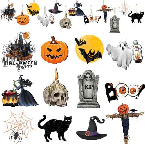 Halloween Wooden Ornaments for Tree Both Side, 24 Pcs Printing Halloween Christmas Tree Decorations and Ornaments with Rope for Home Indoor Party Decorations