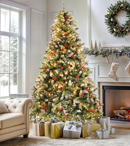 Green 6FT Pre-Lit Christmas Tree with Pine Cones & Red Berries - 818 Tips, 250 LED Lights