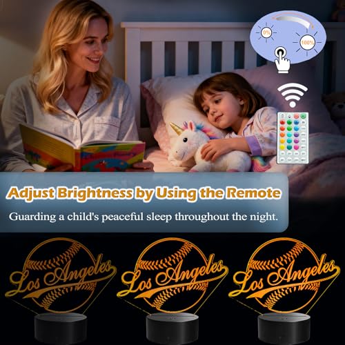 POSSHE Los Angeles Baseball Night Light – 3D Illusion Lamp, 16 Colors, Remote, RGB Flashing & Dimmable