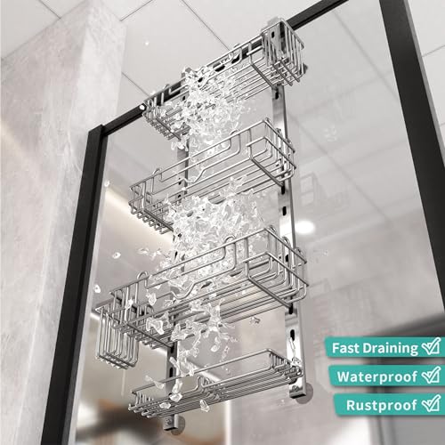 4-Tier Hanging Shower Caddy Organizer with 22 Hooks & Toothbrush Holders - Silver