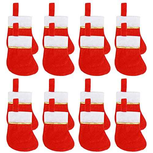 FOIMAS 24pcs Mini Christmas Stockings,Red Felt Christmas Stockings Socks Tableware Holder for Christmas Tree Fireplace Table Home Decoration