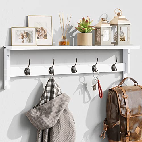 Wall Mount Coat Rack with Shelf 5 Hooks 28.9 Inch Wooden Entryway Organizer - White