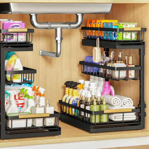 Under Sink Organizer 2 Pack - 3 Tier Adjustable Bathroom & Kitchen Storage - Black