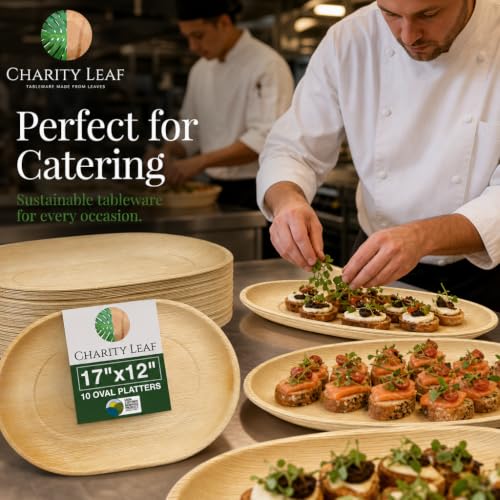Charity Leaf Disposable Bamboo Trays 17x12 Inches, Pack of 10 – Eco-Friendly Serving Platters for Weddings & Events