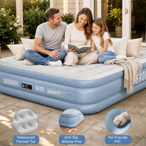 Twin Air Mattress with Built-in Pump - 18-Inch, Blue Gray, Self-Inflating, Portable for Camping & Guests