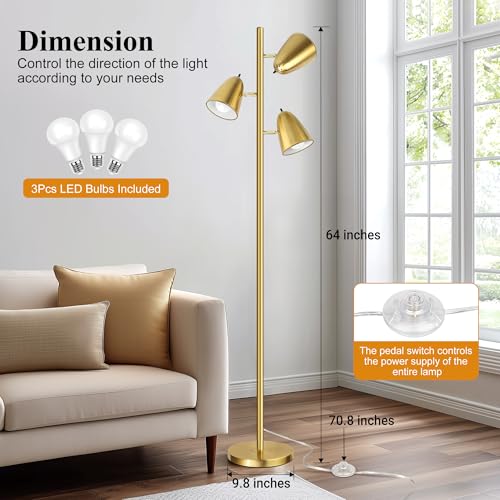 QiMH Brushed Gold Tree Floor Lamp with 3 Adjustable Arms & LED Bulbs, Modern Standing Tall Pole Light for Living Room & Bedroom