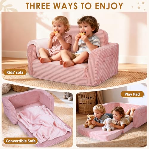 Pink 2-in-1 Convertible Toddler Kids Sofa Chair with Blanket - Foryoomi