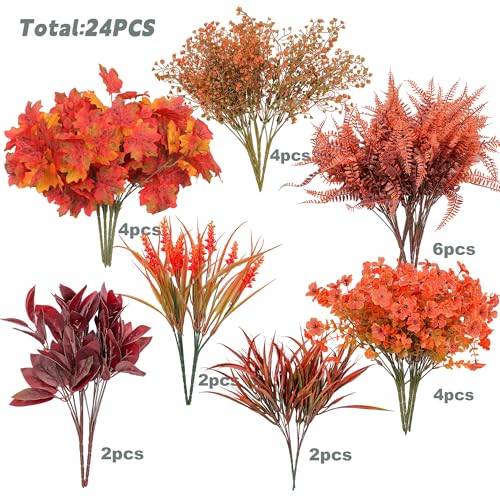 Artificial Fall Flowers Outdoor Set - Orange Red Maple & Mums, 24pcs Faux Autumn Plants for Garden & Patio