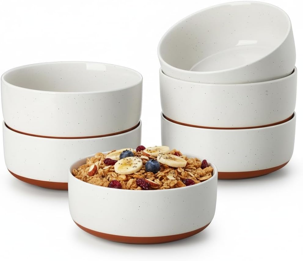 MALACASA Cereal Bowls Set of 6 - 24 OZ Ceramic Kitchen Bowls | Dishwasher & Microwave Safe, Khaki White