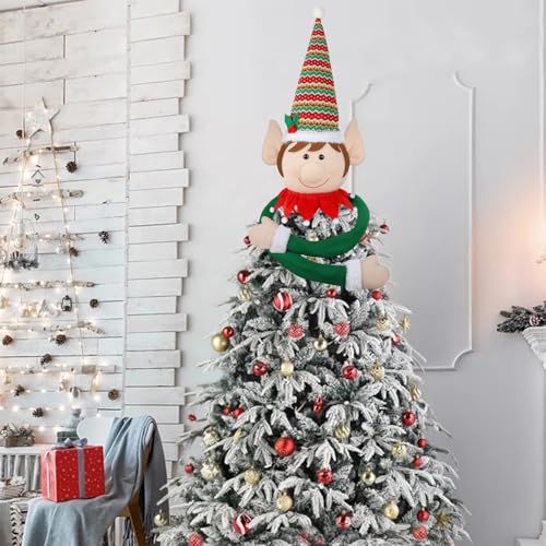 Juegoal Christmas Elf Tree Topper, Large Plush Elves Treetop Hugger with Red Green Stripes Top Hat & Red Collar, Xmas Tree Ornament Supplies Holiday Winter Home Wonderland Party Decorations
