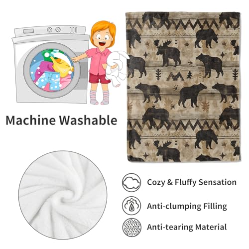 VODRM 60x80in Bear and Moose Rustic Woodland Fleece Throw Blanket - Cozy Sofa & Bed Decor
