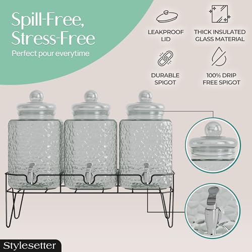Glass Drink Dispenser Set - 3 x 1.5 Gallon Beverage Dispensers with Stand