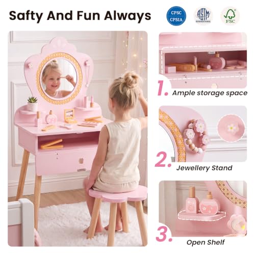 Kids Vanity Set with Mirror and Accessories - Toddler Dress-Up Furniture