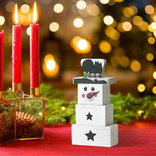 Smile 3 Pcs Winter Christmas Indoor Decoration, Wooden Sign Tabletop Retro Decor, Snowman Blocks, Ornaments for Home Shelf Mantel Fireplace.