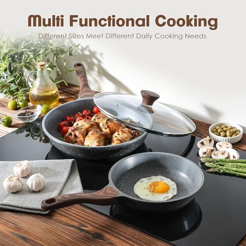 SENSARTE Nonstick Frying Pans Set 8 & 11 Inch with Lid, Gray, Cast Aluminum
