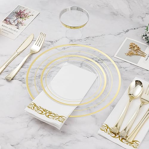 Clear Gold Disposable Dinnerware Set for 100 Guests - 700 Pieces