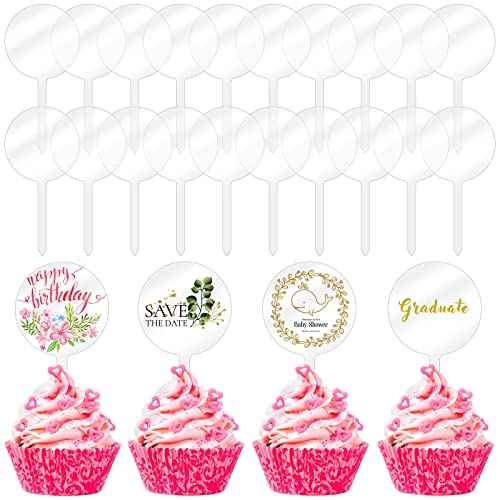 Chunful 30 Pack 2 Inch Circle Acrylic Custom Cupcake Topper, DIY Clear Blank Cake Personalized Cupcake Topper with Sticks for Birthday Party, Christmas, Halloween, Wedding, Baby Shower Cake Decoration