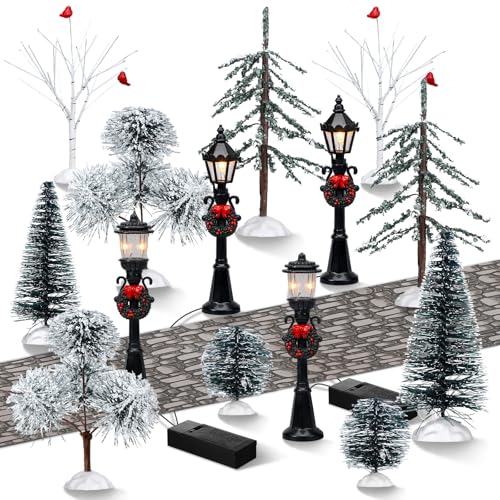 Aoriher Christmas Village Figurine Set with Miniature Snow Trees & Streetlights - 15 Pieces