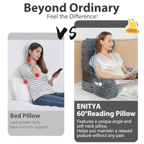 XL Back Pillow for Bed Sitting with Armrests & Large Pockets - Dark Grey