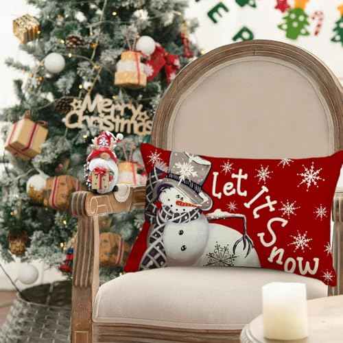 RABUSOFA Outdoor Christmas Pillow Covers 12x20 Inch Waterproof,Winter Decorations Pillows Decorative Throw Pillows Snowman Xmas Let It Snow Lumbar Cushion Covers for Home Decor Couch Holiday